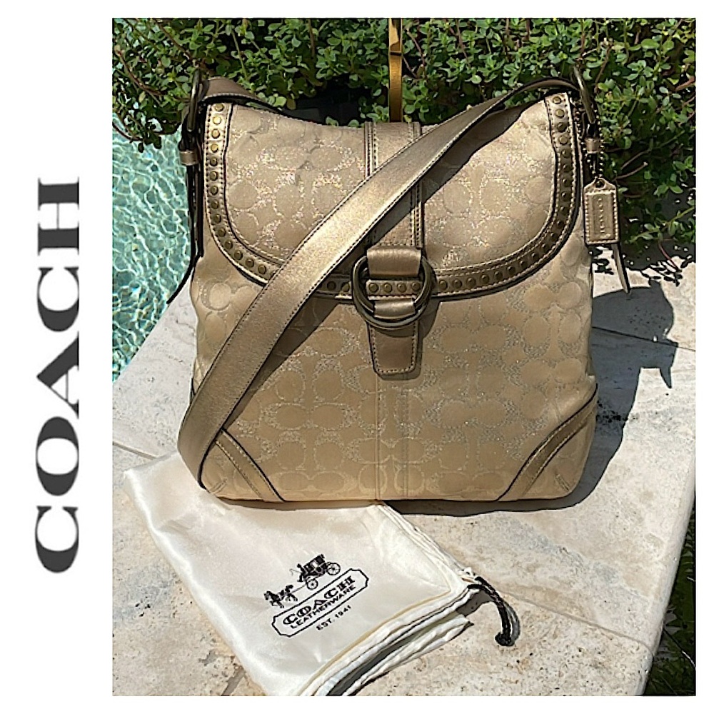 Coach Gold Metallic Sig. C Studded Lurex w/Magnetic Snap Flap Xbody/Shldr Bag